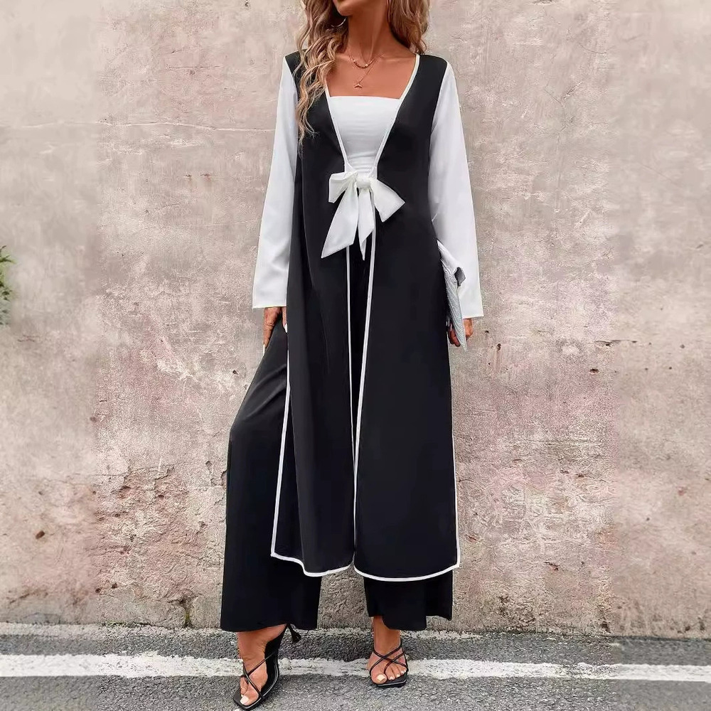 H&M Colorblock Open Front Tie Side Slit Top & Pants Set